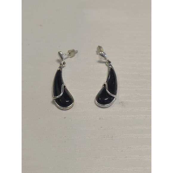 Vintage Teardrop Black Onyx Sterling Silver 925 Drop Earrings 1.25" - Picture 1 of 4